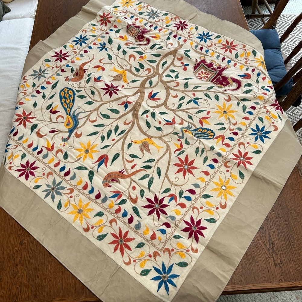 Apprx 37” sq table cloth/throw, mirrors/tassels, Embroidered Made/India. Ex cond